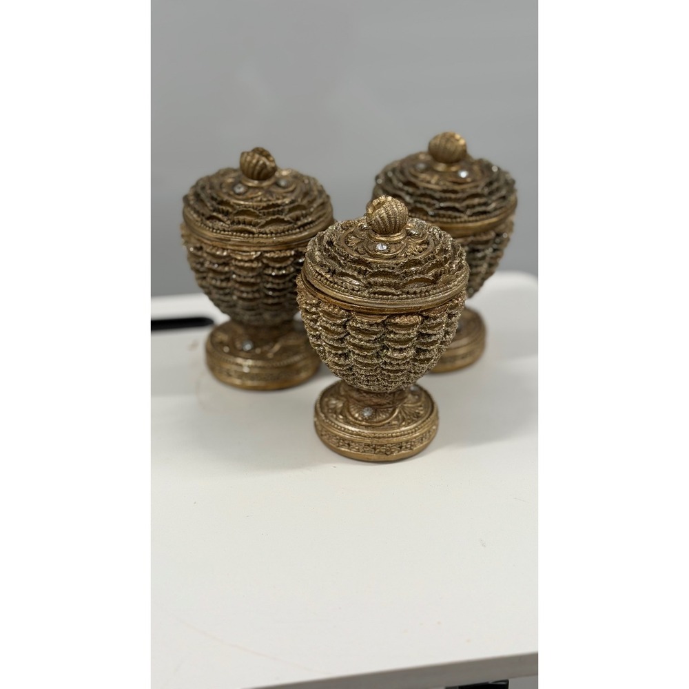 Vintage Style Gold Ornate Lidded Decorative Jars Set of 3 Rhinestone Accents